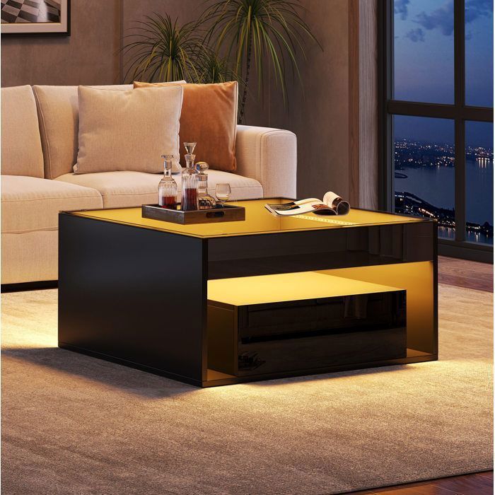WOVREO Table basse carrée 70 x 70 x 35 cm noir avec plateau en verre trempé 2 tiroirs niche ouverte et LED USB