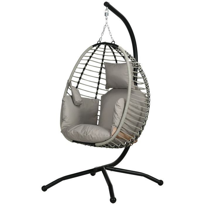 Fauteuil suspendu 110×100×188 cm gris avec coussin dossier et porte-gobelet panier de siège pliable cadre métallique robuste
