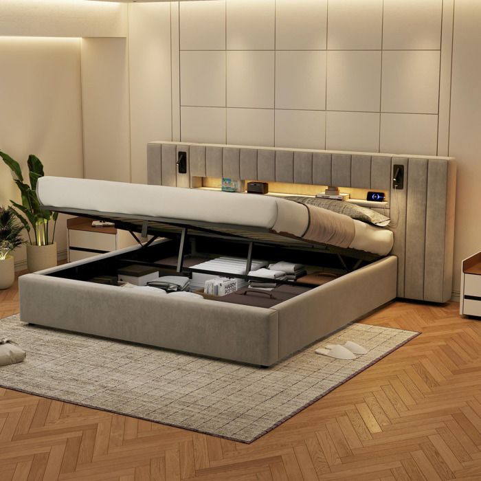 Lit coffre 180 x 200 cm en velours gris USB-A/C LED 16 couleurs lampe de chevet rangement sans matelas