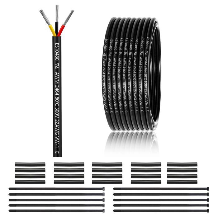 Câble à 3 fils 22 AWG - 3 x 0 3 mm² - 30 m - Fil à 3 fils en cuivre étamé - PVC 22/3 fils - Pour DC5 V/12 V/24 V éclairage LED r