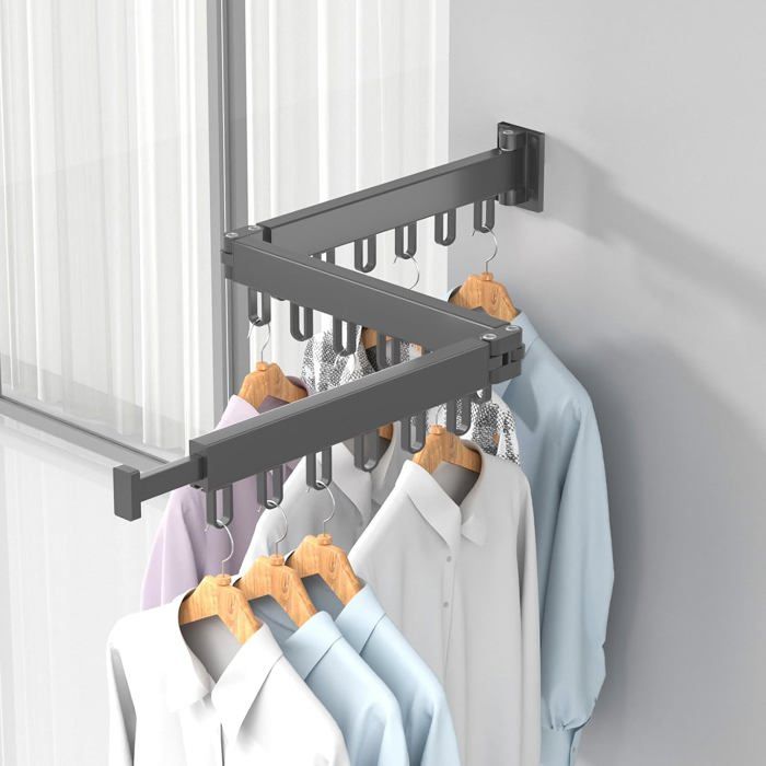 Séchoir à linge mural extensible rotatif 360° en alliage daluminium gris - 3 plis capacité 80 kg idéal balcon