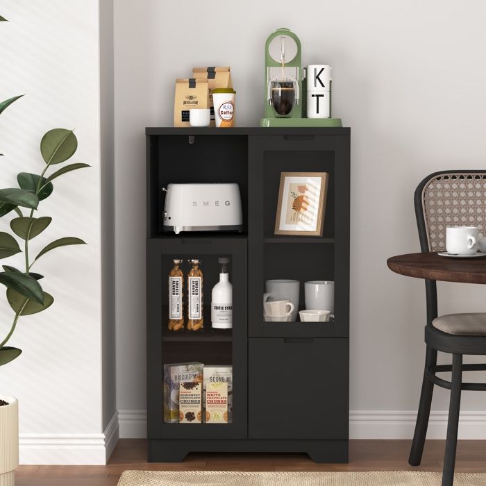 Buffet haut - ZEVKOR - 65×30×100 cm - MDF laqué - 2 portes vitrées - 1 tiroir
