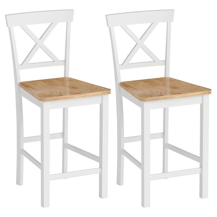 Set de 2 Tabourets de Bar avec Dossier et Repose-pieds Bois dHévéa pour Cuisine et Salle à Manger Chêne et Blanc