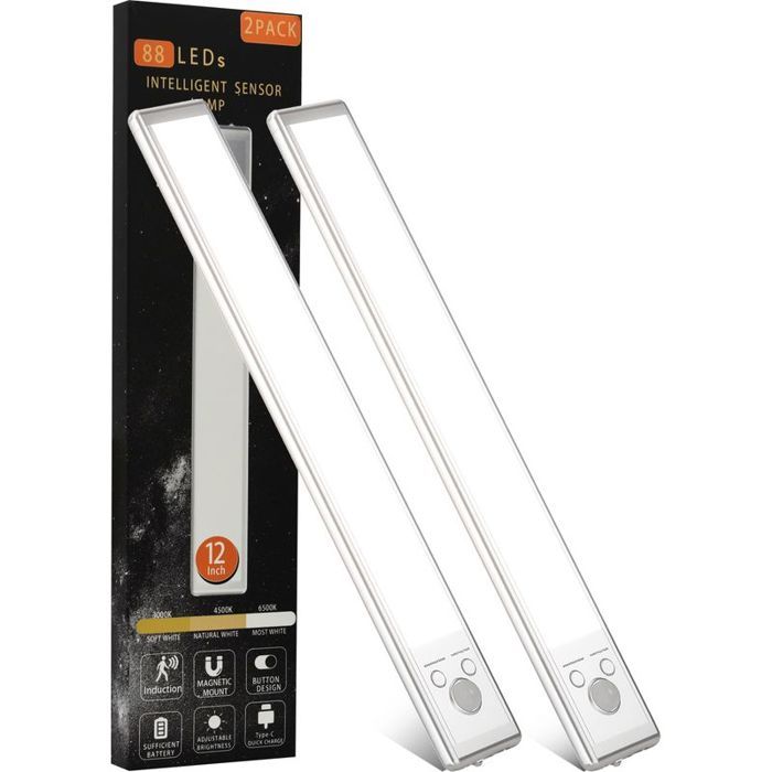 Éclairage sous armoire 88 LED avec détecteur de mouvement rechargeable par USB 2200 mAh éclairage magnétique à intensité variab