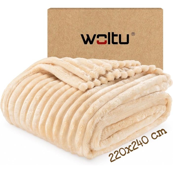 Plaid polaire en flanelle côtelée - WOLTU - 220x240 cm - Beige - 350 g/m² - Moelleux - Léger - Couverture pour 4 Saisons Plaid polaire en flanelle côtelée - WOLTU - 220x240 cm - Beige - 350 g/m² - Moelleux - Léger - Couverture pour 4 Saisons