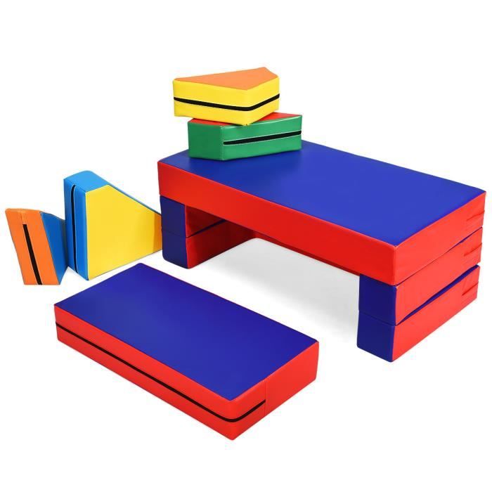COSTWAY Canap/épour Enfant Convertible Jeu 4 en 1 Canap/é Puzzle Compos/é de Matelas Coloris Rouge+Bleu en EPE et PU Imperm/éable
