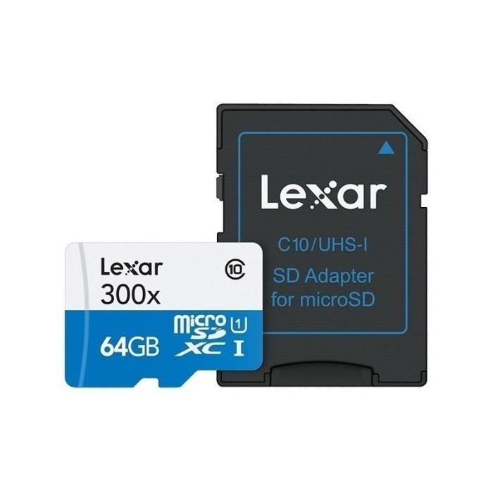 Carte mémoire - LEXAR - Micro-SDXC 64 Go - Classe 10 - Vitesse 300X - Adaptateur inclus