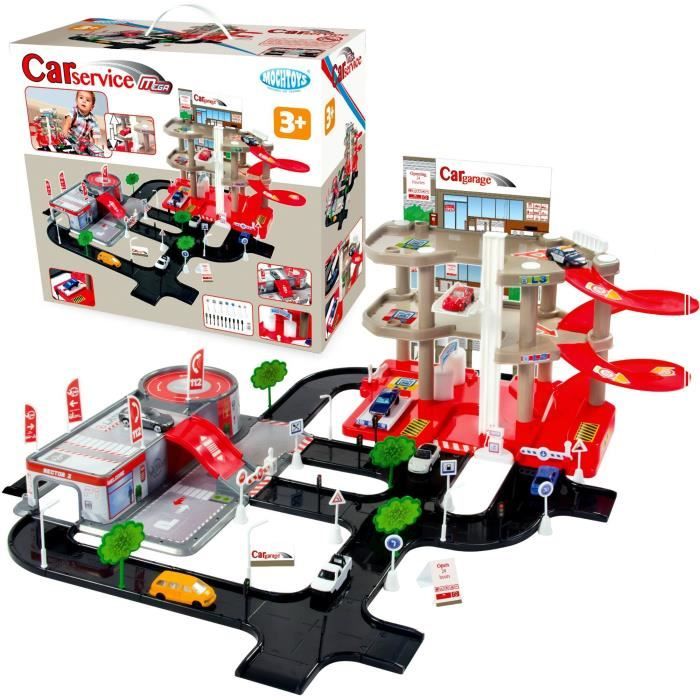 Mochtoys Garage pour Enfants - Ensemble de Parking à 4 étages avec Ascenseur, Panneaux de signalisation et Voiture, développe des capacités manuelles, pour Les Tout-Petits à partir de 3 Ans