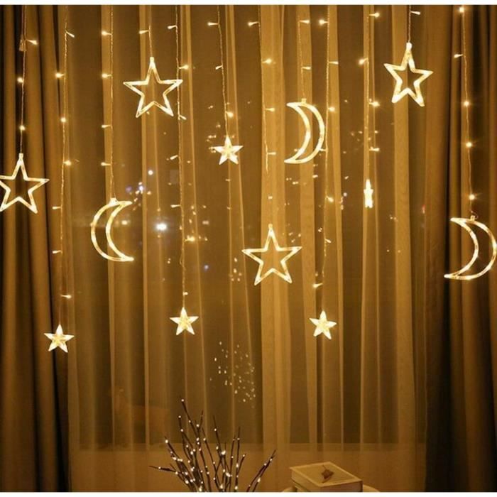 LED Rideau Lumineux, Guirlande Lumineuse avec Etoiles et Lunes Rideau  Lumière Décoration pour Mariage Noël Fenêtre Blanc Chaud