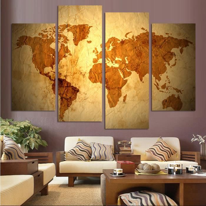 Rétro Monde Continent Carte Wall Poster Moderne Mur Décoration Living Salle Canvas Art Hd Imprimer Peinture Toile Image 4 Piece
