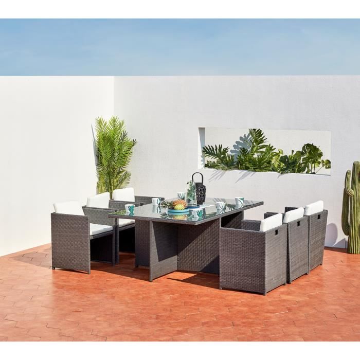 salon de jardin encastrable - 6 personnes - miami - concept usine - résine tressé poly rotin - contemporain - gris/blanc