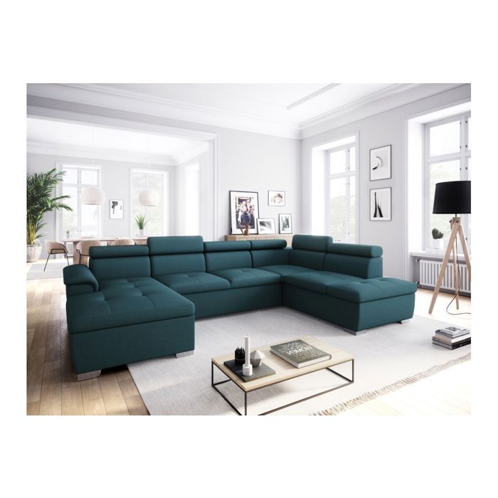 Canapé dangle Panoramique 6 places PAOLA convertible en Tissu Avec Coffres - Bleu - L322 x P196 x H76cm - LOUNGITUDE Canapé dangle Panoramique 6 places PAOLA convertible en Tissu Avec Coffres - Bleu - L322 x P196 x H76cm - LOUNGITUDE