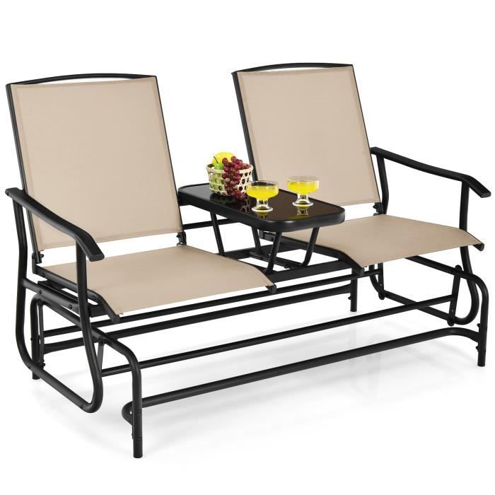 chaise/fauteuil à bascule de jardin extérieur pour 2 personnes - costway - beige - table en verre trempé - 240kg