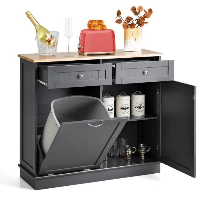 COSTWAY Buffet de Cuisine avec Plateau en Caoutchouc 2 Tiroirs Étagère Réglable et Placard pour Accueillir Poubelle 42 L Gris COSTWAY Buffet de Cuisine avec Plateau en Caoutchouc 2 Tiroirs Étagère Réglable et Placard pour Accueillir Poubelle 42 L Gris