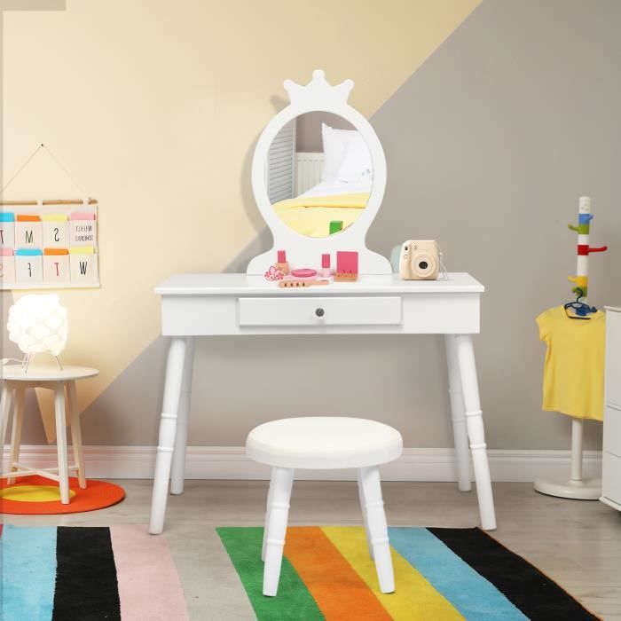 DREAMADE Coiffeuse Enfant avec Miroir et Tabouret Ensemble Coiffeuse Princesse en MDF et Bois de Pin avec Tiroir et Miroir Blanc