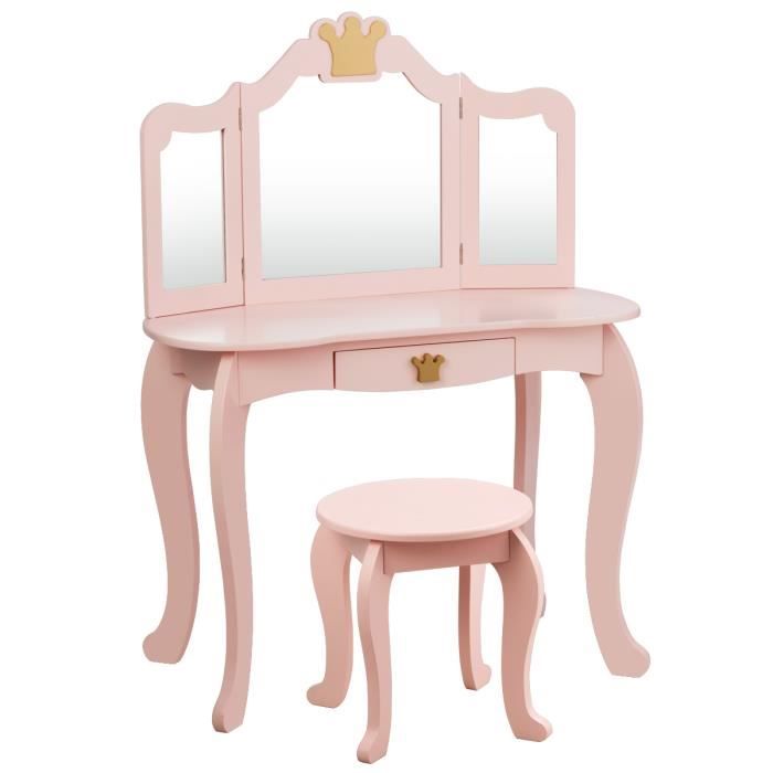 DREAMADE Coiffeuse pour Enfant avec 3 Miroirs Amovibles Ensemble Table de Maquillage 2 en 1 avec Tabouret & Tiroir en Bois Rose