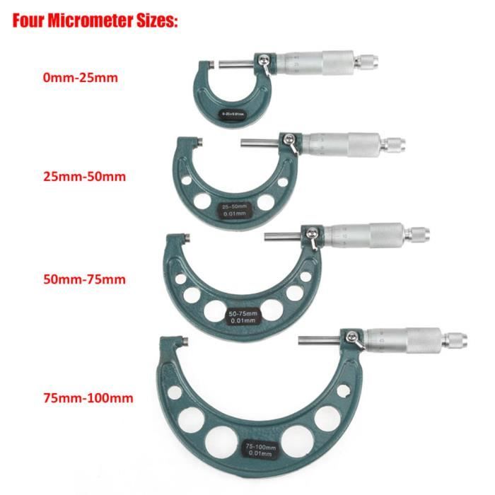 Micromètre Extérieur 4 Pièces 0-100mm - Jauge Épaisseur Précision 0.01mm Avec Étui Bois