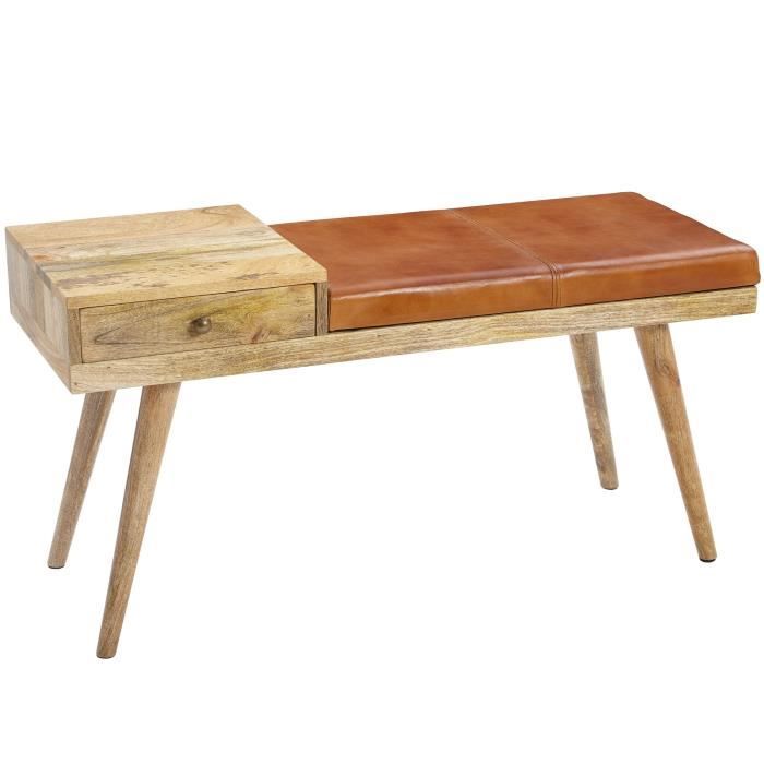 banc en cuir 100 cm bois massif rembourré finebuy - style rétro - marron