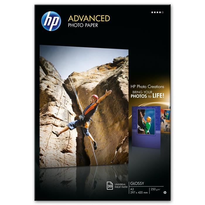 Papier Photo Brillant HP - 20 feuilles A3 - Compatible avec HP Photosmart - Jet d'encre
