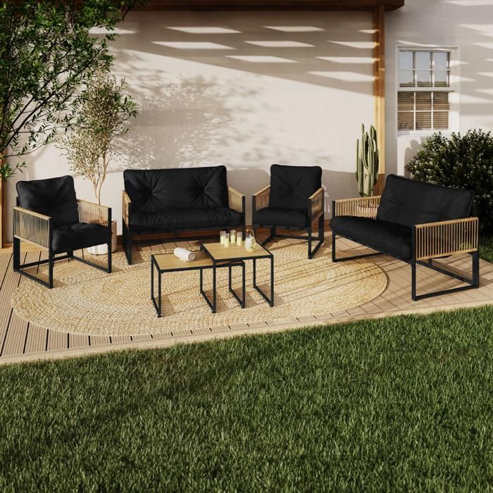 IDMARKET Salon de jardin bas RIO 6 places structure métal noir cordage effet rotin clair et coussins noirs