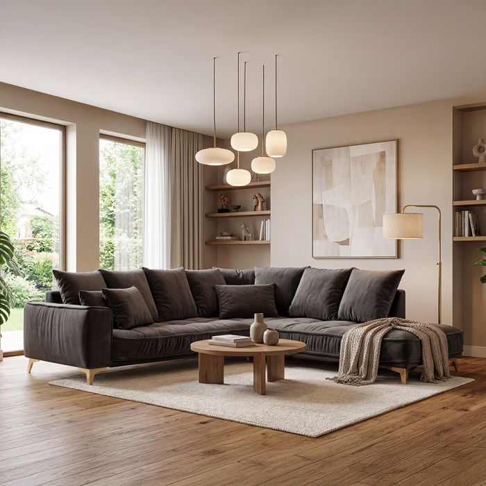 Canapé angle gauche Altamo en velours gris foncé - 4 places Canapé angle gauche Altamo en velours gris foncé - 4 places