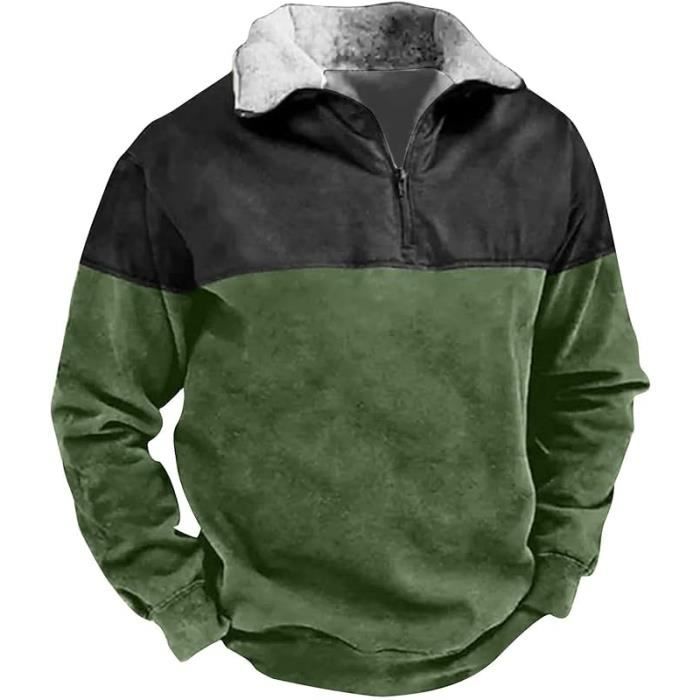 Sweat Polaire Homme Automne Et Hiver Homme Vintage Confortable Sweat Homme Sans Capuche Vintage Zipp Homme Manches Longues vert
