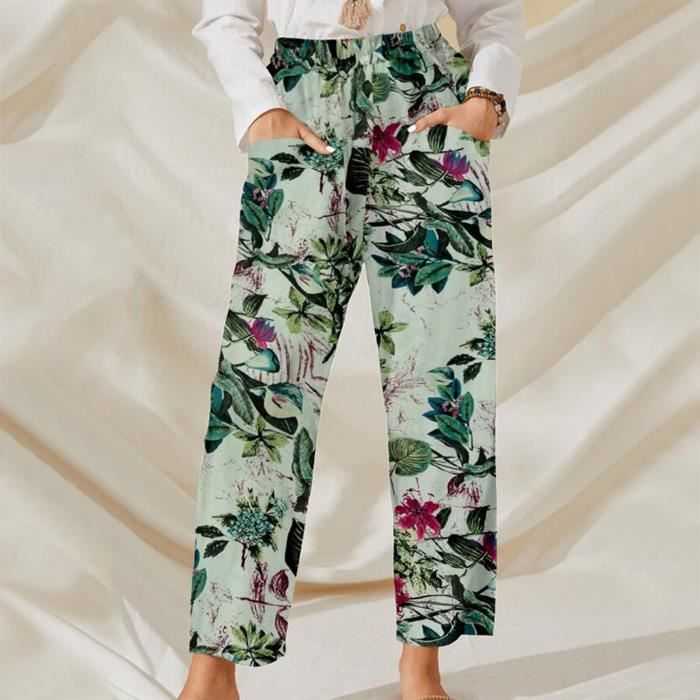 2024 Ensemble Lin Femme 2 Pièces Survêtement Coton et Lin Ete Chic Elegant Grande Taille Imprimé T-Shirt Pantalon Large Décontracté Sport Jogging Respirant Tenue Femme Chic et Elegant Pas Cher
