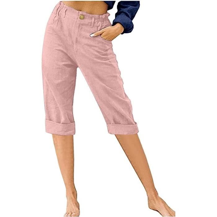 Pantalon en Lin Femme été Marque Modèle Taille Haute Rose