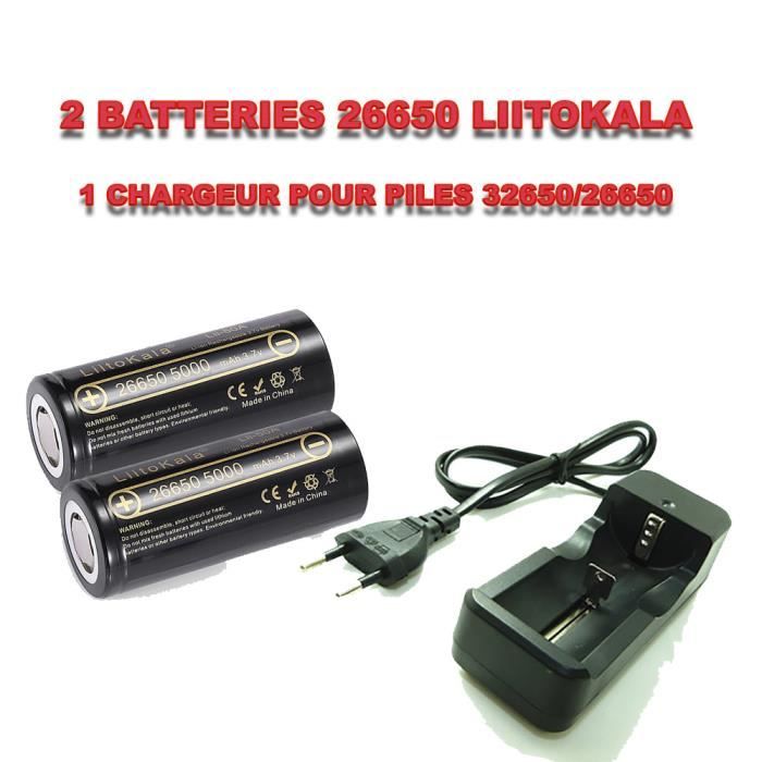 ®cbox pack de 2 piles batteries rechargeables liitokala 26650 5000mah pour torch et lampe + 1 chargeur de voyage