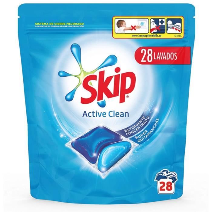 Lot de 4 Lessives Skip Active Clean Capsules 4x28 Capsules. Efficacité contre les taches, même