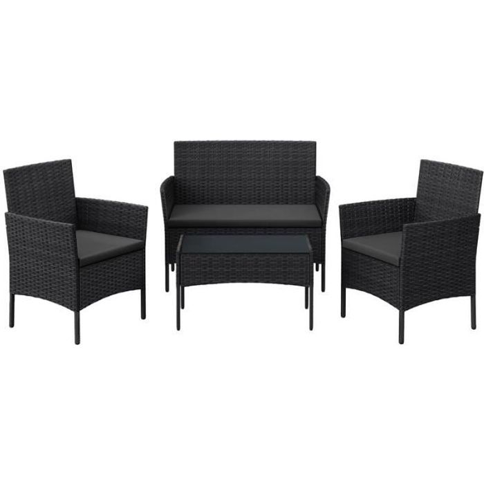 ensemble table chaise de jardin - songmics - noir et gris - surface tressée en pe - 4 pièces