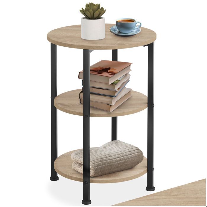 Table basse - TECTAKE - Table dappoint COLCHESTER style industriel bois MDF 3 étages Ø 40 x 61 cm - Bois clair/Chêne sonoma