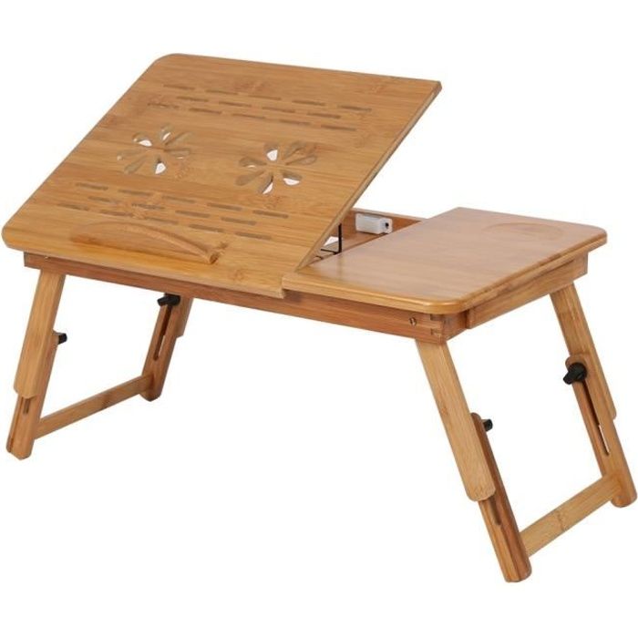 Hauteur et Angle Réglables Support Portable pour Ordinateur Portable en Bambou Bureau de Lit Pieds Pliants Table de Petit Déjeuner pour Canapé Lit avec Tiroir Table d/'ordinateur Portable pour Lit