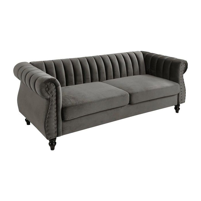 Canapé chesterfield 3 places en velours TRUMBO - Gris