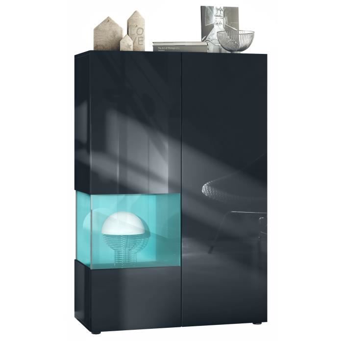 Vitrine Morena V2, Vitrine Sur Pied Avec 2 Portes Et Insert En Verre, Corps Noir Mat, Façades Noir Brillant, Cube Chêne Nature Avec éclairage LED