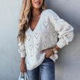 Pull Femme Col V Grande Taille Creux Forme Coeur Maille Ample Tricot Chandails Hiver Chaud Chic Elegant Couleur Unie Pull,Blanche-1