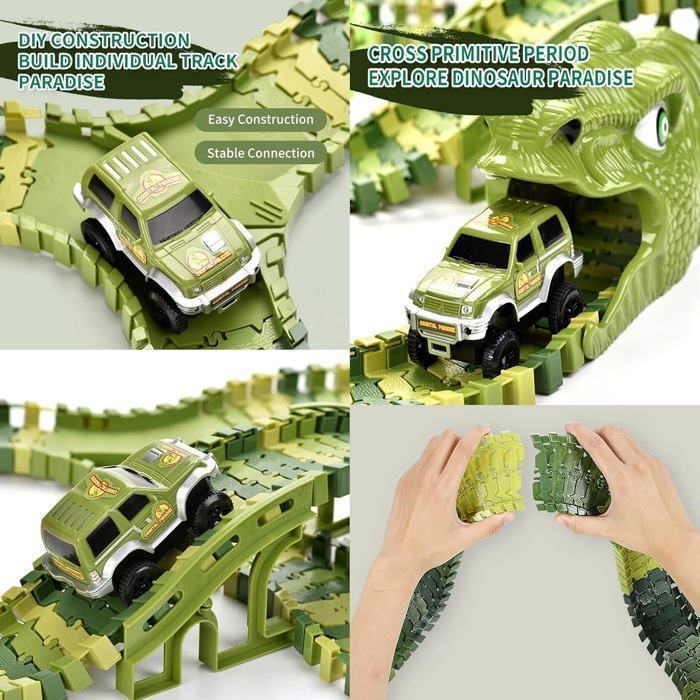 Circuit De Course Dinosaure – 324 Pièces – Pistes Flexibles, Parking, Lanceur – Cadeau Enfant 3-8 Ans
