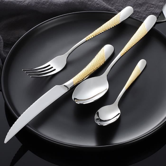 Couverts de Table - Inox - 24 Pièces - Poli Miroir - Usage Quotidien - Noir - Maison