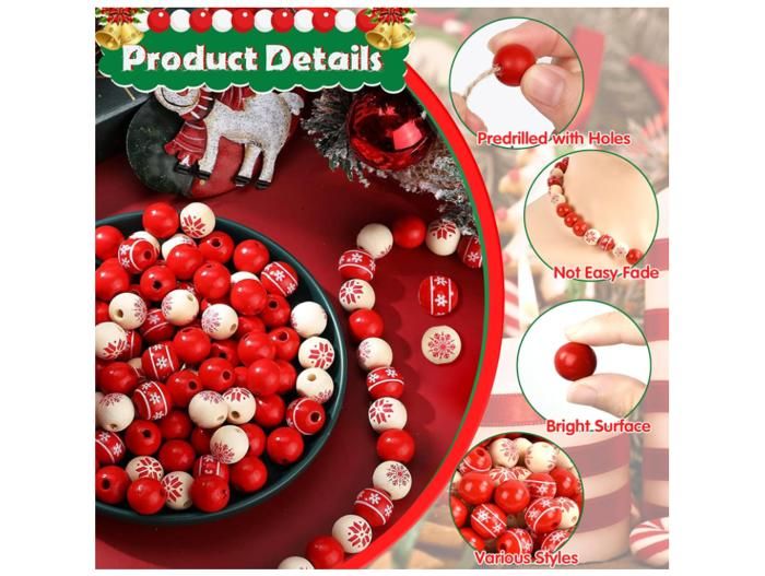 120 Pièces Perles En Bois De Noël Avec Trous, 15mm Perles Rondes Bois De Flocon De Neige Avec Ficelle Perles En Bois à Enfiler Pour Artisanat Fabrication De Bijoux Noël Fournitures De