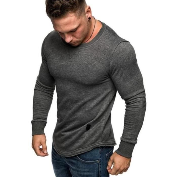 T-shirt fitness manches longues slim coton col rond homme gris