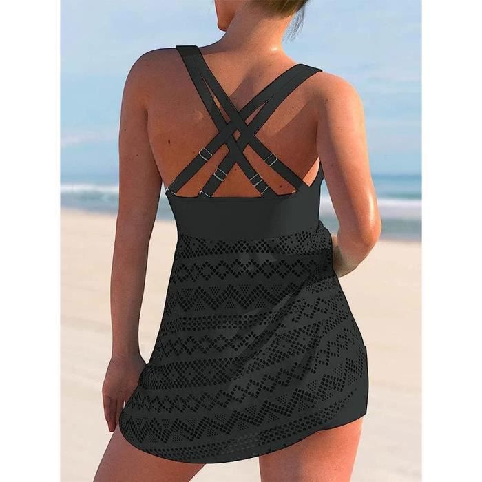 Tankini Femme Noir Dentelle Decoupe Maillot de Bain 2 pieces Push up Short de Bain Noir Cdiscount Pret a Porter
