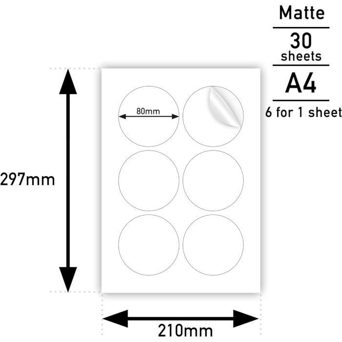 Etiquette Ronde Étiquette Autocollante Ronde Mate Blanche A4, 80 Mm, 30 Feuilles ...