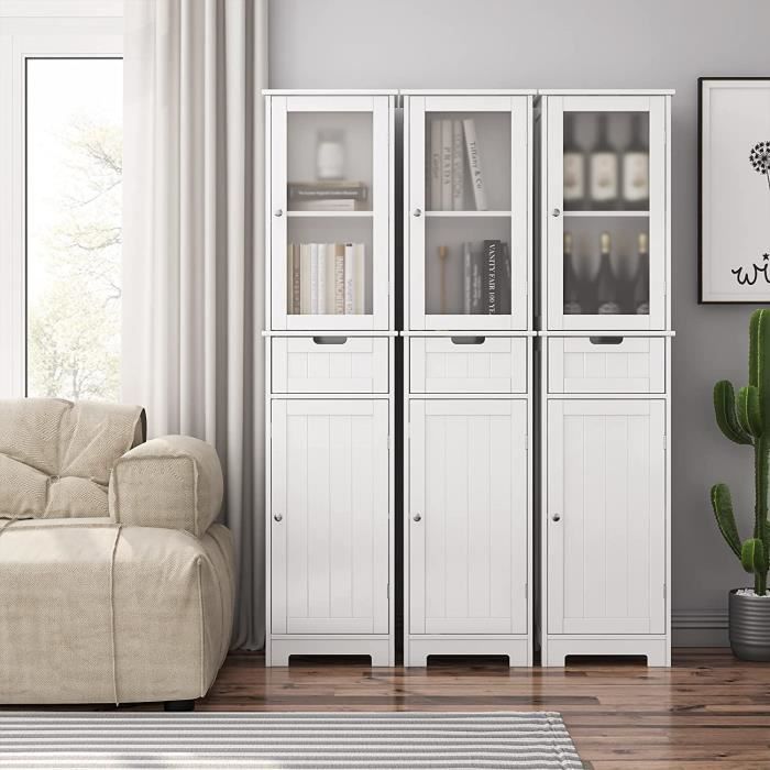 Meuble Colonne Salle De Bain HOCSOK - Armoire Rangement 2 Portes + Tiroir - 170x40x30cm Blanc