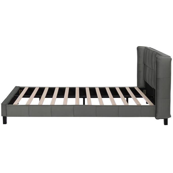 Lit Double 140x190 Cm Avec Tête De Lit Réglable - Velours Gris, Support Lattes Bois, Facile à Monter