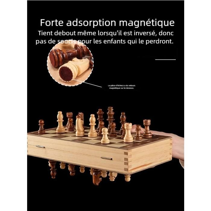 Jeu D'Échecs 3 En 1 Magnétique Pliable 39x39 Cm - Échiquier Bois Avec Dames - Portable Voyage