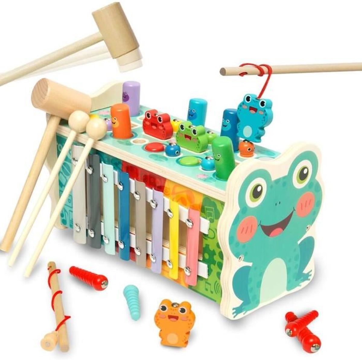 Jouet 5 En 1 En Bois - Marteau, Pêche, Attrape-insectes, Xylophone - Éducatif Pour Enfants 3 Ans Et + - 8