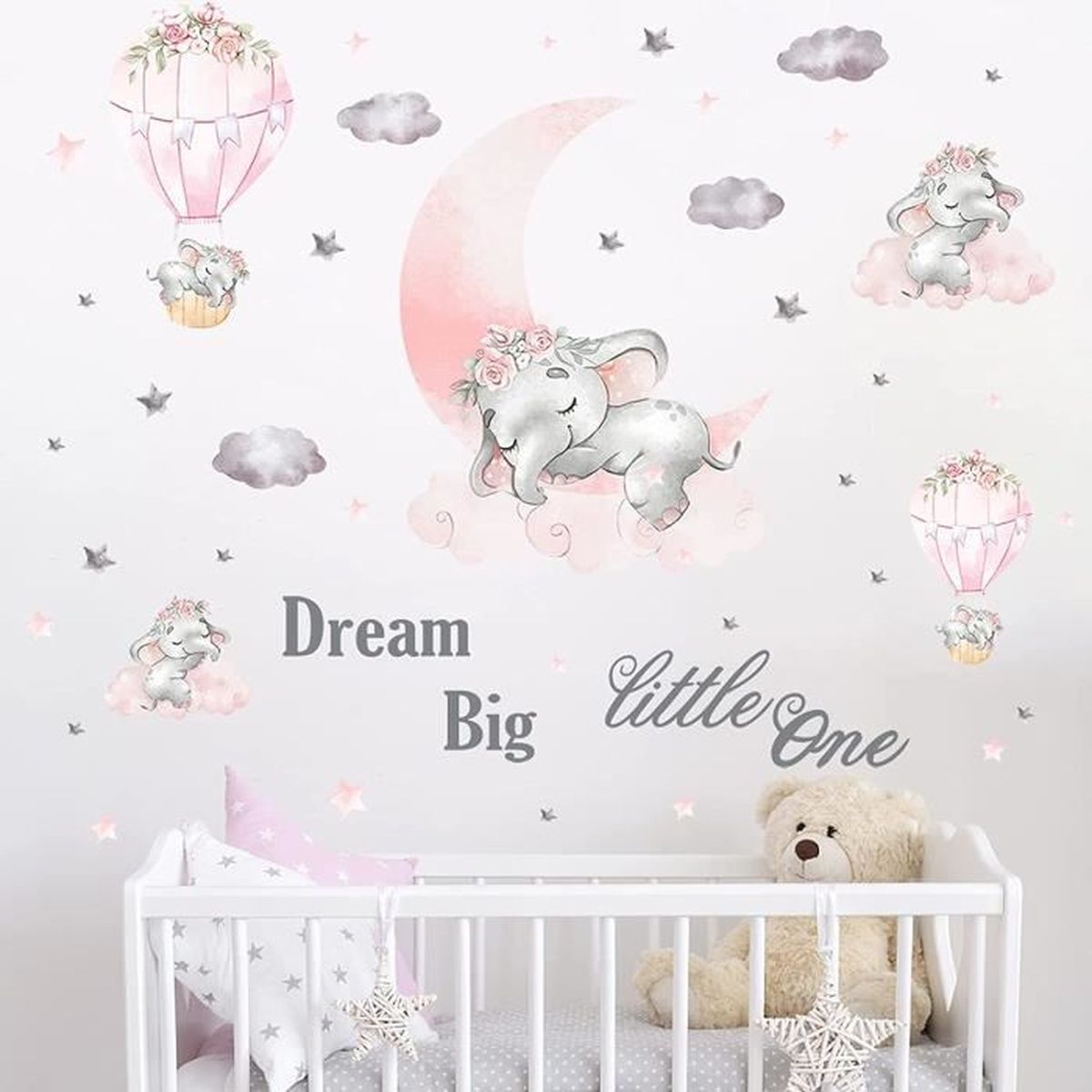 Stickers Muraux Grand Bebe Elephant Rose Nuages D Etoiles Grises Lune Garcon Fille Autocollant Mural Chambre Pepiniere Mur Decor Cdiscount Maison