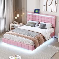 DRIPEX Lit rembourré 140 x 200 cm avec bande lumineuse LED pour adulte,cadre de lit avec pieds, Lit double en lin doux,Rose