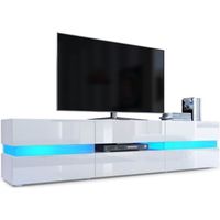 Meuble TV VLADON Flow - Blanc mat - Blanc haute brillance - Eclairage LED