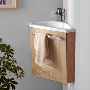 LAVE-MAIN Meuble lave-mains d'angle SKINO - MOB-IN - Décor chêne - Vasque blanche - Rangement pratique